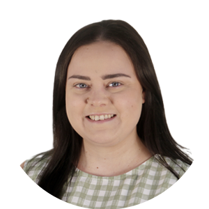 Portrait of a smiling woman with long dark hair, wearing a light green checkered top, against a white background (circle crop).